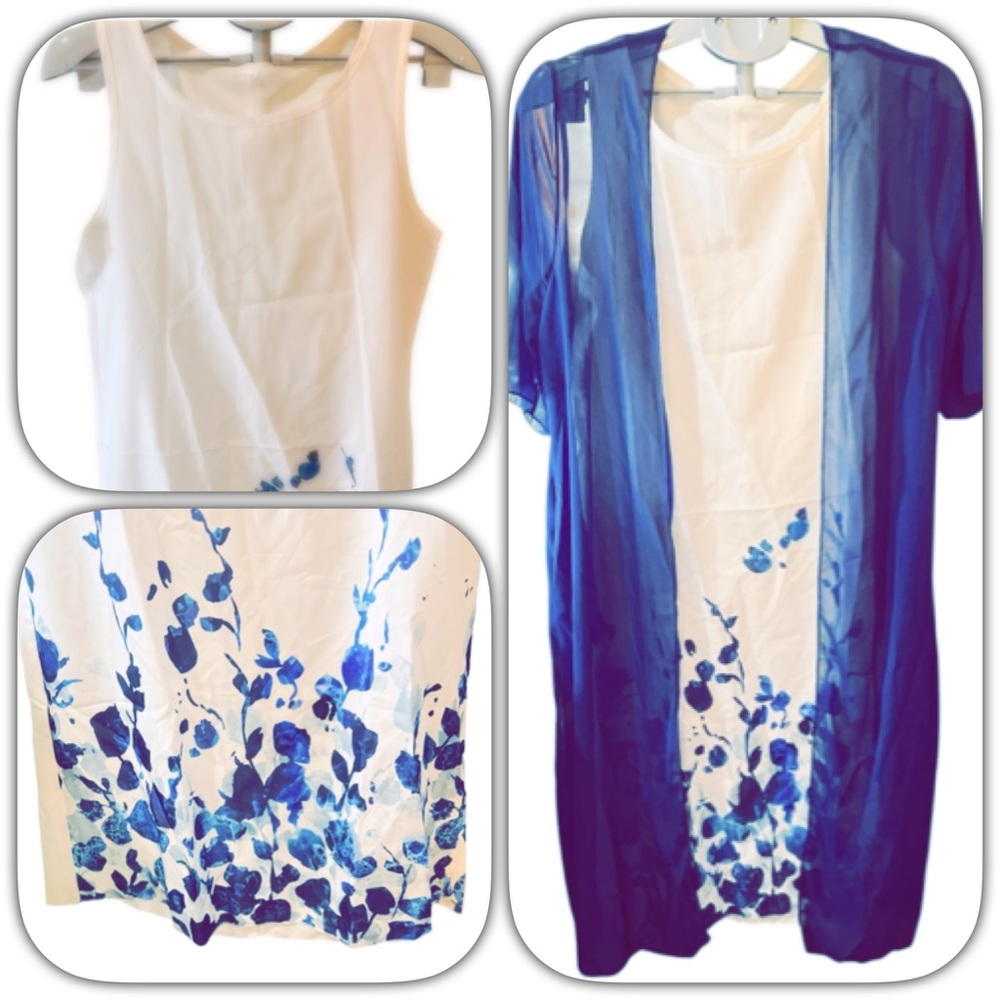 NWT 2 pc Elegant Blue and White Floral Dress with Sheer Overlay Sz S